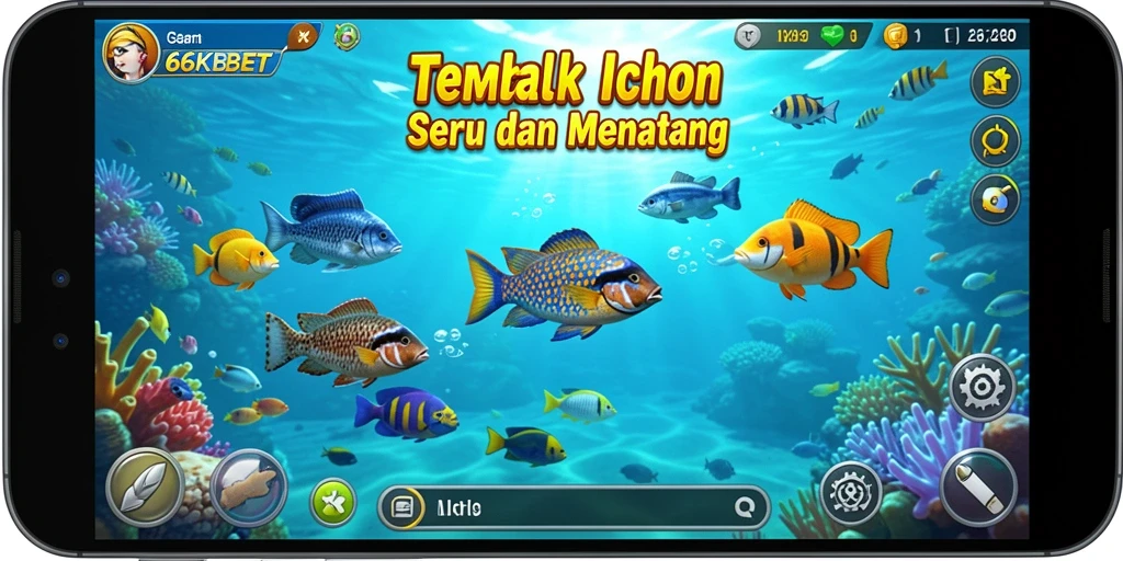 Screenshot gameplay seru dalam 66KBET menampilkan aksi Tembak Ikan.