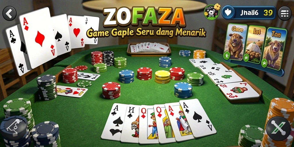 Screenshot utama ZOFAZA menunjukkan gameplay Gaple yang seru dan interaktif.